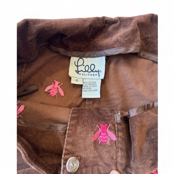 Vintage Lilly Pulitzer Embroidered Pink Bee Brown Corduroy Pants Cottagecore Y2K - Picture 3 of 8